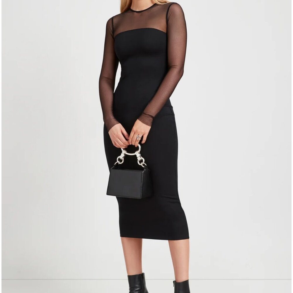 Marcella Maite Dress - Black midi length bodycon dress with mesh long sleeves